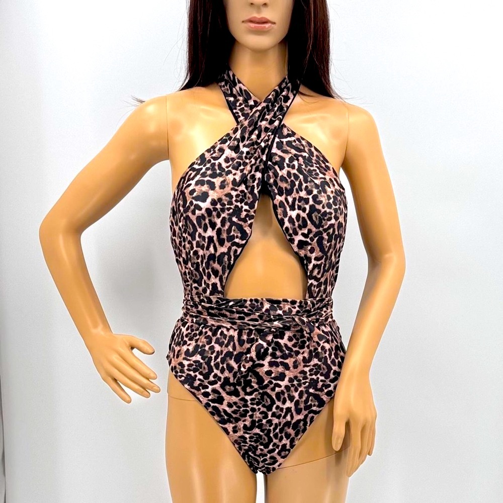 Vici NEW Ulani Leopard Criss Cross Halter Cut Out One Piece Swimsuit NWOT